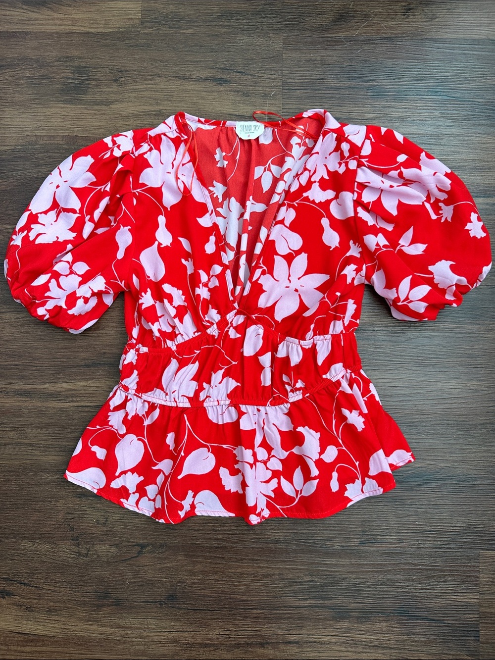 Red Floral V-Neck Peplum Blouse